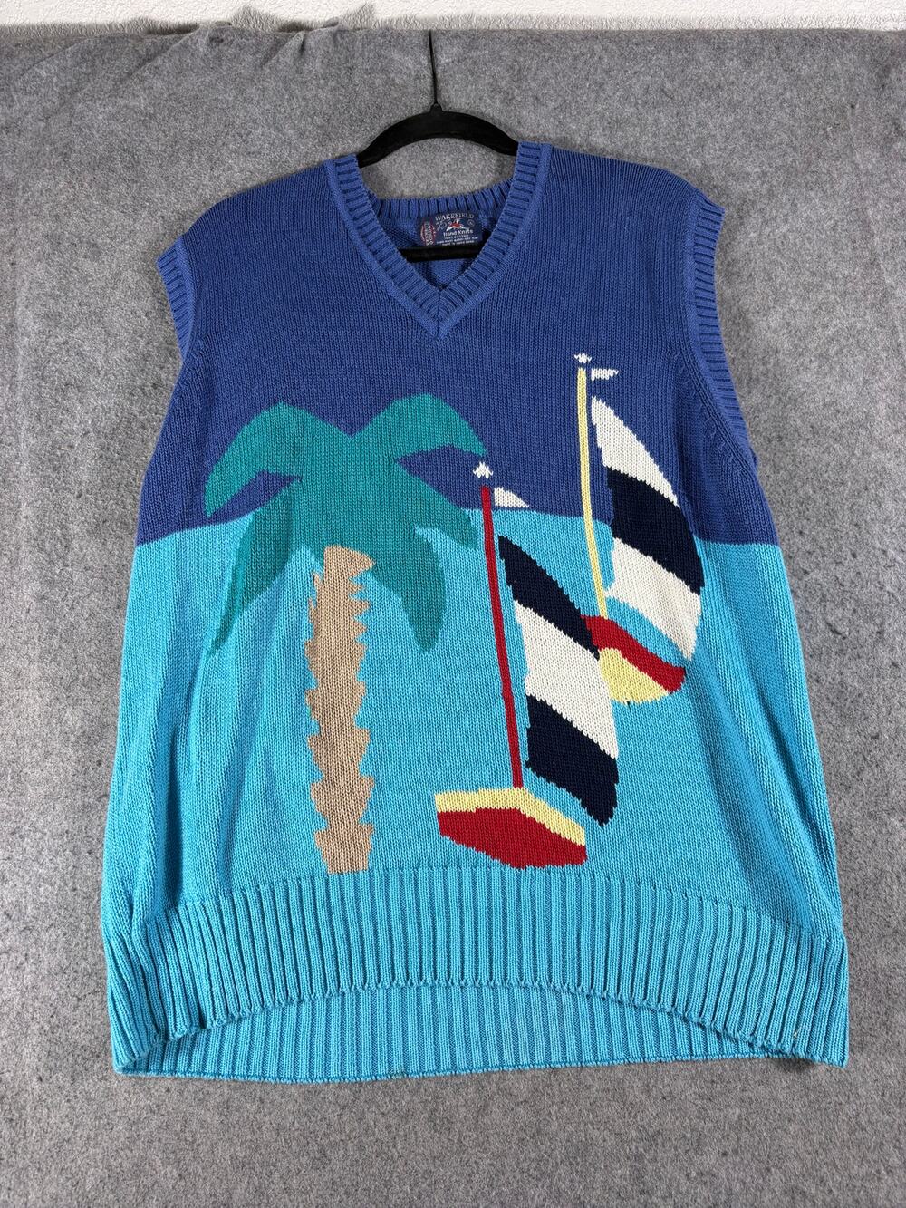 Vintage 80s Kenneth Gordon Sweater Vest Mens XL Blue Sailboat Pullover Retro